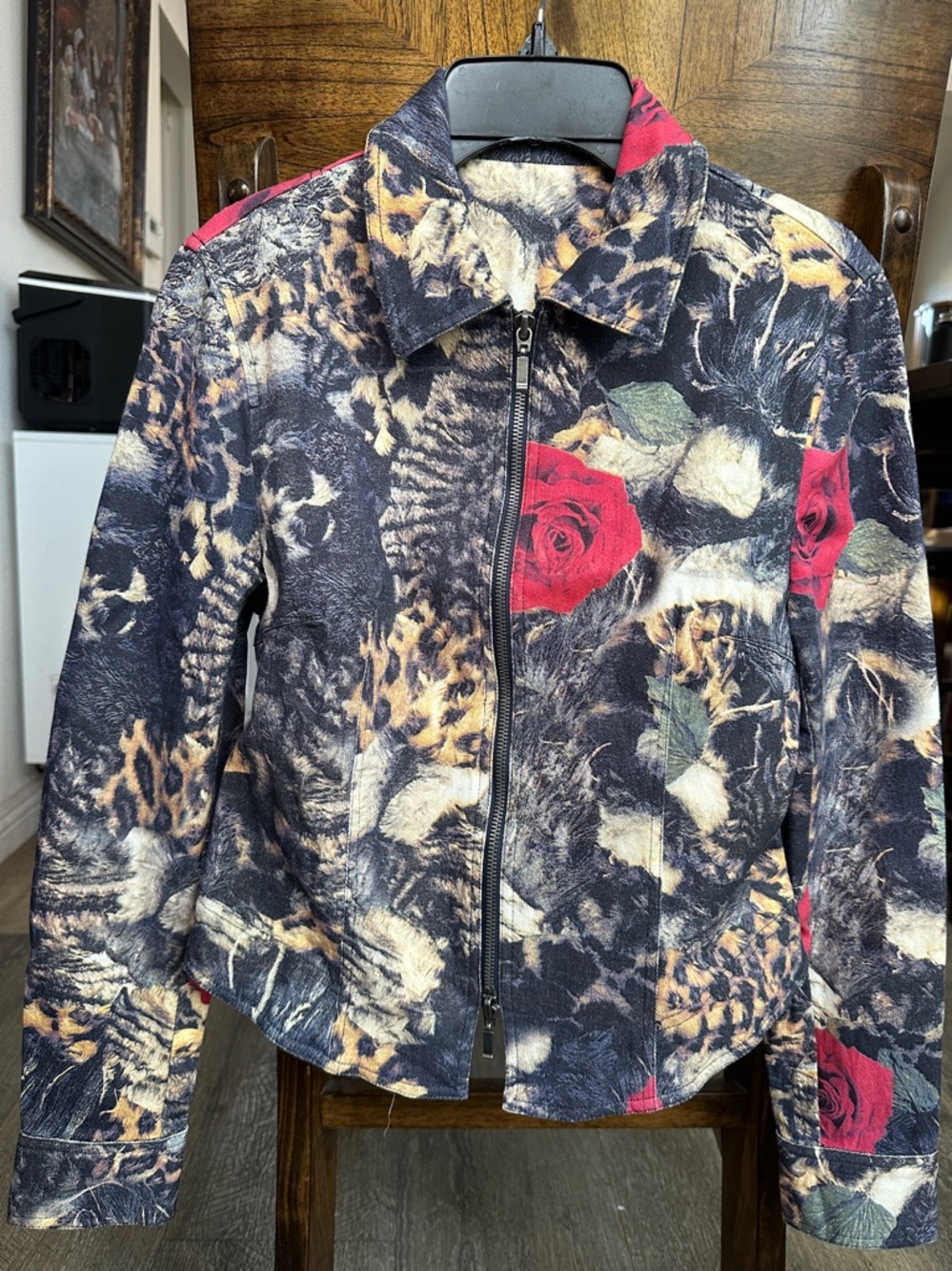 Chic Floral & Animal Print Zip-Front Stretch Denim Jacket - Red Rose Accent Sz S